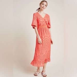 FARM RIO Anthropologie Women’s Coral Orange Devore Midi Dress Size S Flowy Boho